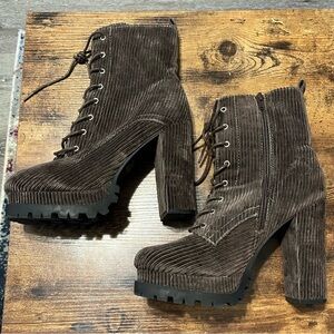 Brown Corduroy Heeled Boots
